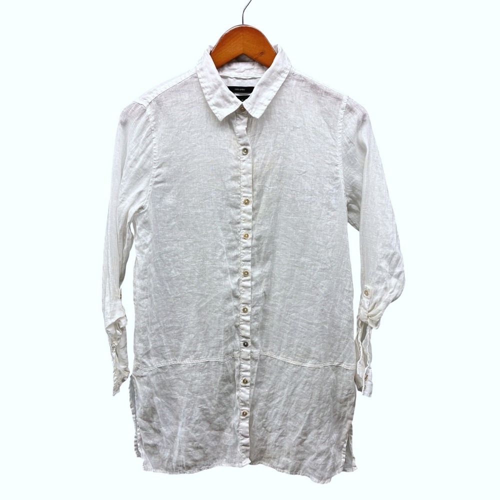 Tahari Linen Roll Tab Button Down Shirt Womens S White Tunic Casual Lightweight